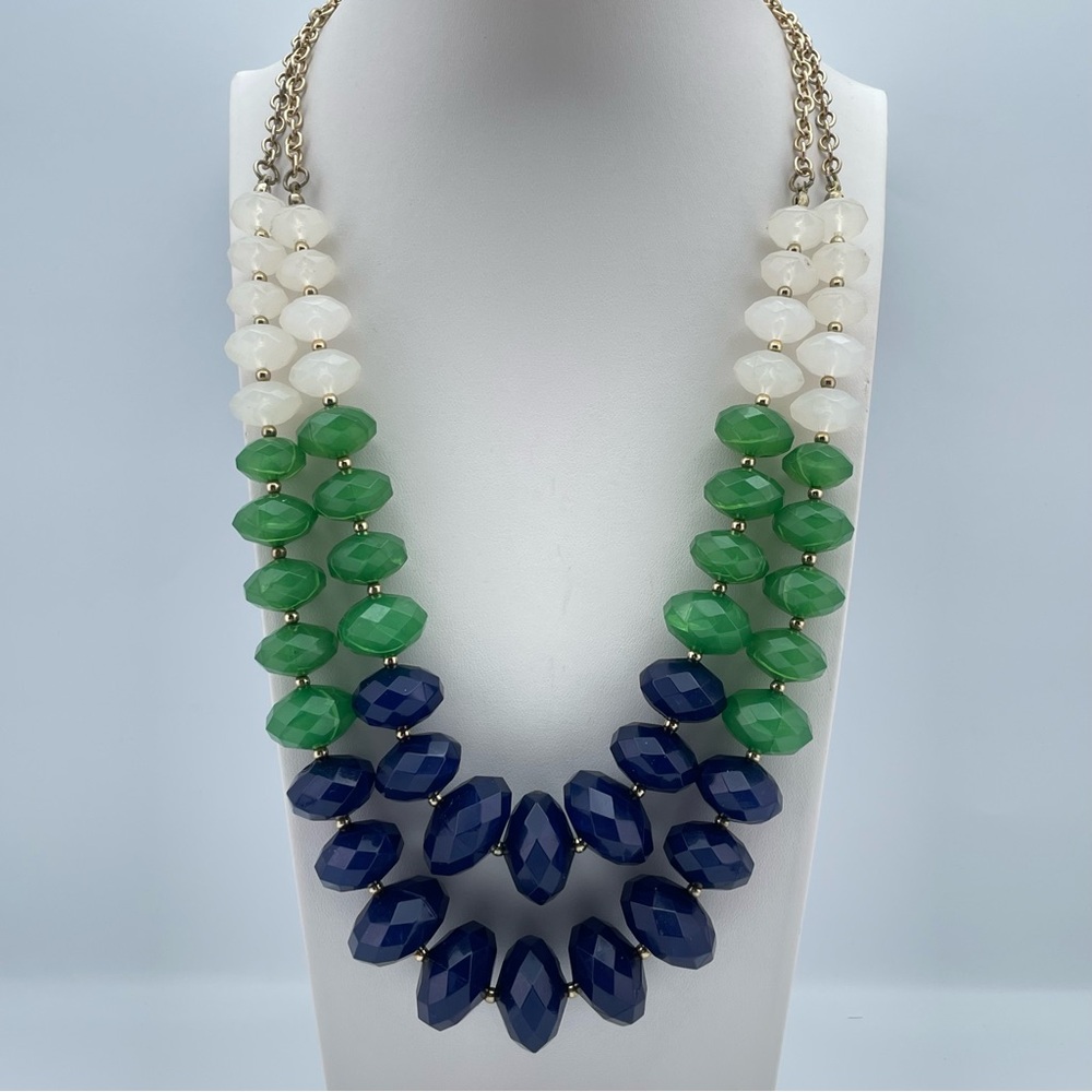 Bold Color Block Statement Necklace Blue Green White Acrylic Beads GoldToneChain